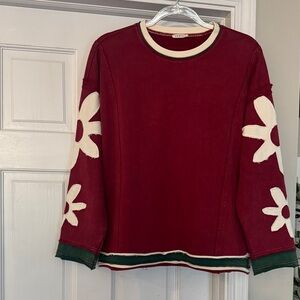 JODIFL Maroon w/Green and Cream Floral Sweatshirt ~Small